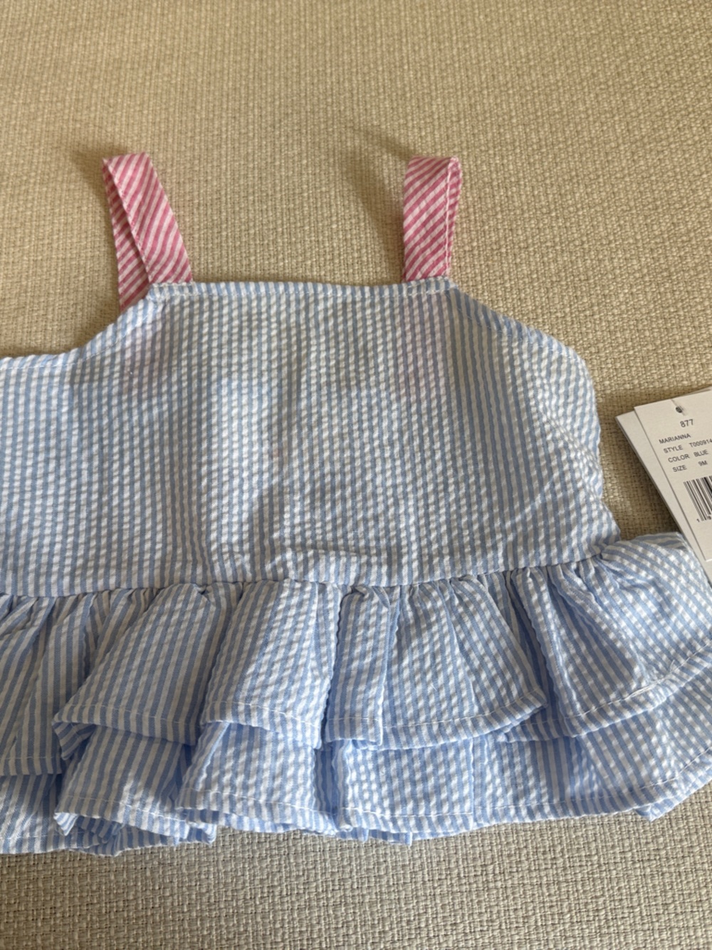 Sovereign Code Blue Seersucker Ruffle Bib with Pink Straps
